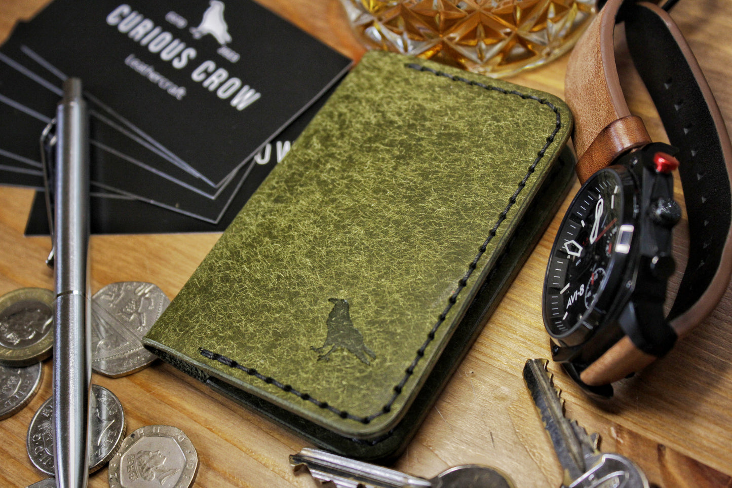 The Baron - Leather Bi-fold Card Holder (Oliva Green)