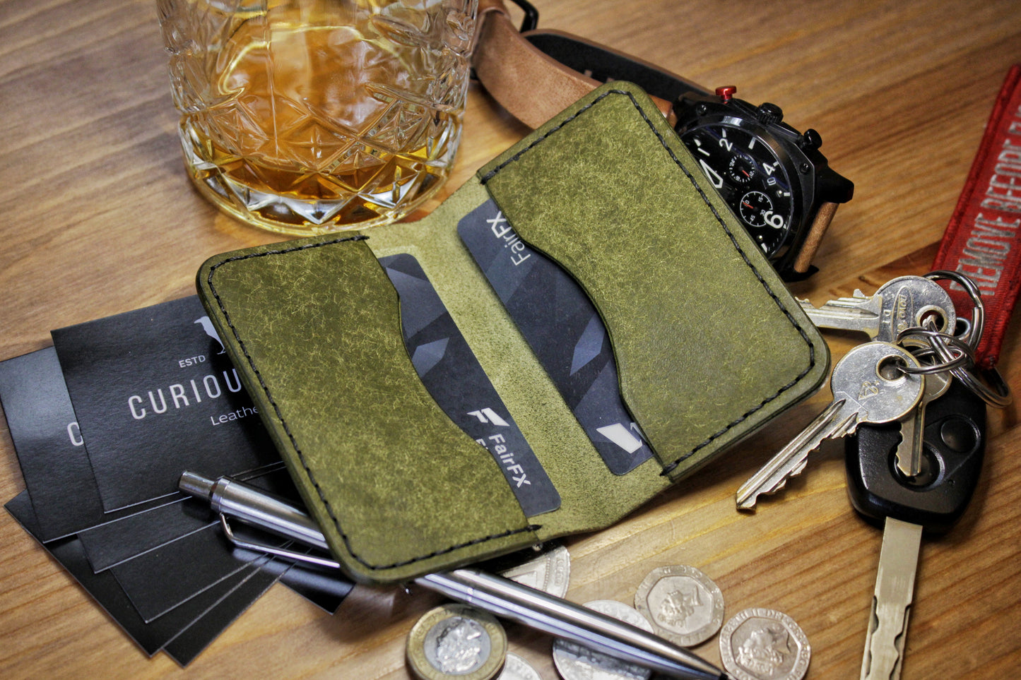 The Baron - Leather Bi-fold Card Holder (Oliva Green)