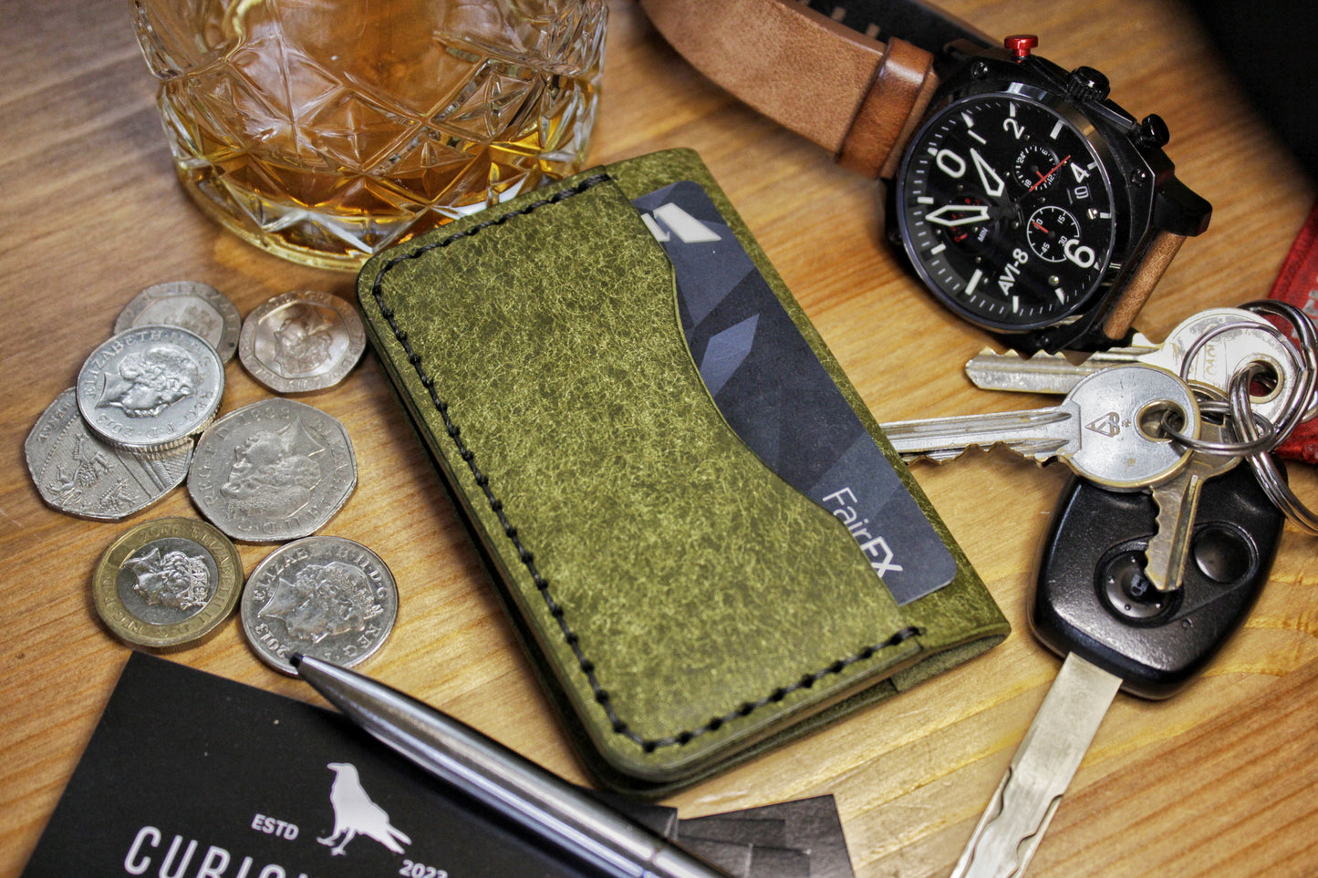 The Baron - Leather Bi-fold Card Holder (Oliva Green)